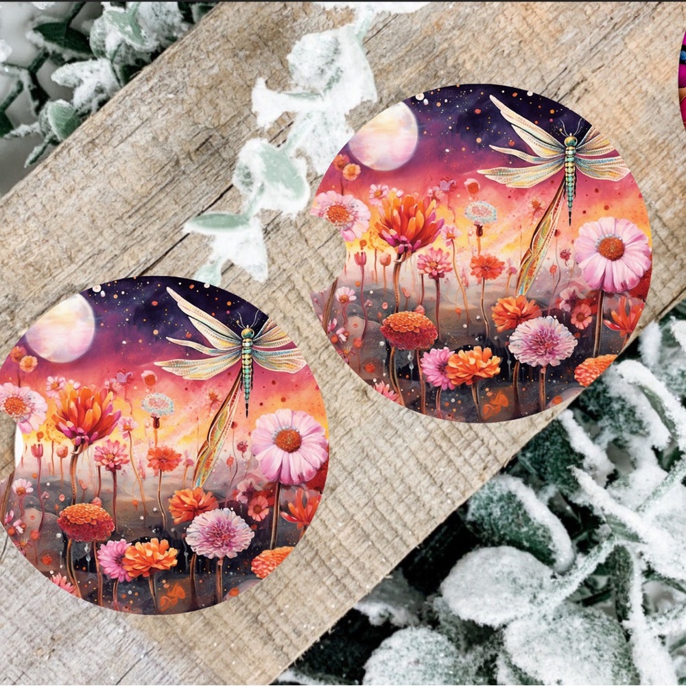 Handmade Mystic Dragonfly Car Coasters | New Set Of Two Neoprene Car Coasters